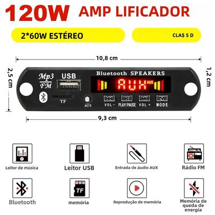 Imagem de Amplificador Bluetooth 5.0 com Placa Decodificadora MP3 - 60W, 12V DC, USB e FM