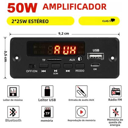 Imagem de Amplificador Bluetooth 5.0 com Placa Decodificadora MP3 - 60W, 12V DC, USB e FM