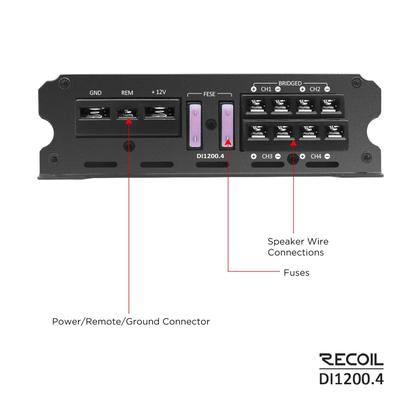 Imagem de Amplificador de áudio automotivo Recoil DI1200-4 Full-Range Class-D 2400W