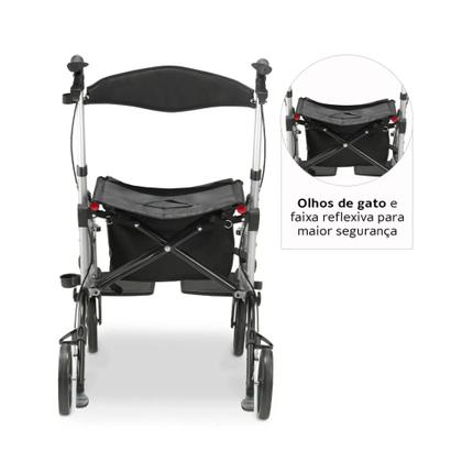 Imagem de Andador Alumínio Compacto Dellamed D14 com 4 Rodas, Assento Acolchoado, Encosto, Bolsa Porta Objetos, Altura Regulável Até 135kg e Freios Individuais