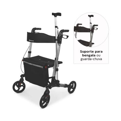 Imagem de Andador Alumínio Compacto Dellamed D14 com 4 Rodas, Assento Acolchoado, Encosto, Bolsa Porta Objetos, Altura Regulável Até 135kg e Freios Individuais