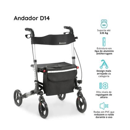 Imagem de Andador Alumínio Compacto Dellamed D14 com 4 Rodas, Assento Acolchoado, Encosto, Bolsa Porta Objetos, Altura Regulável Até 135kg e Freios Individuais