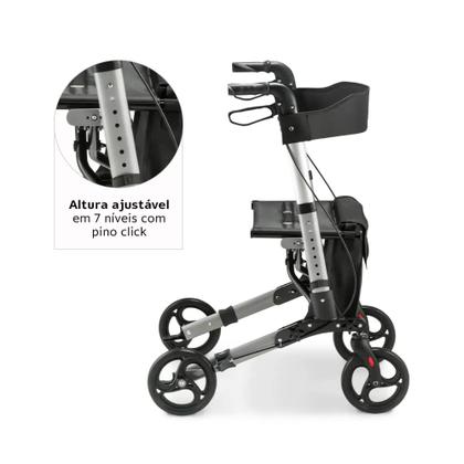 Imagem de Andador Alumínio Compacto Dellamed D14 com 4 Rodas, Assento Acolchoado, Encosto, Bolsa Porta Objetos, Altura Regulável Até 135kg e Freios Individuais