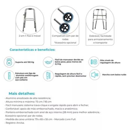 Imagem de Andador Alumínio Fixo Móvel Dobrável D10 Pop 100 Kg Dellamed