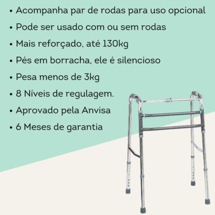Imagem de Andador Aluminio para Idoso Dobravel D10 até130kg com Par Rodas Ortopedico Resistente Dellamed