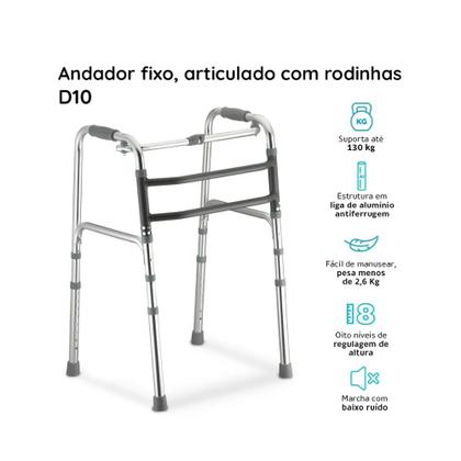 Imagem de Andador de Alumínio 3 em 1 D10 Dellamed Fixo, Móvel e Articulado, Dobrável, Ajustável em 8 Alturas e Suporta até 150kg