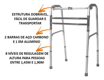 Imagem de Andador Idoso Dobrável Até 130kg 3 Barras + Par de Rodas