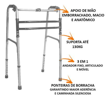 Imagem de Andador Idoso Dobrável Até 130kg 3 Barras + Par de Rodas
