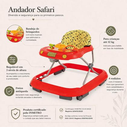 Imagem de Andador Infantil Vermelho Tutti Baby com Regulagem de Altura e Bandeja de Brinquedos