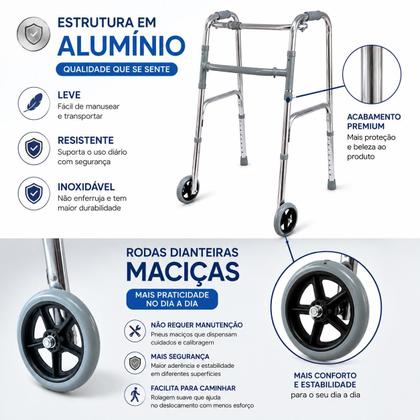 Imagem de Andador Ortopedico 3 Em 1 Rodas Dianteiras Aluminio Reforçado Idoso Leve Ajustável Resistente 100kg Variável Reabilitação