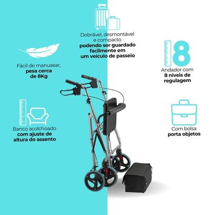 Imagem de Andador Ortopédico D12 Dobrável Dellamed Para Idoso Em Aço Com 4 Rodas Assento e Freio