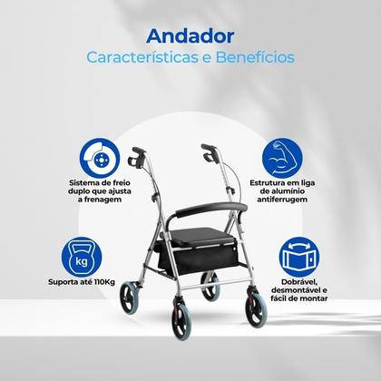 Imagem de Andador Ortopédico D12 Dobrável Dellamed Para Idoso Em Aço Com 4 Rodas Assento e Freio