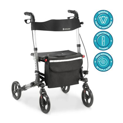 Imagem de  Andador para Idoso Dobrável com 4 Rodas Alumínio com Assento Bolsa Freio Dellamed D14