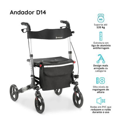 Imagem de  Andador para Idoso Dobrável com 4 Rodas Alumínio com Assento Bolsa Freio Dellamed D14