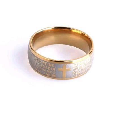 Imagem de Anel Aliança Oração Pai Nosso Português Cruz Masculino Feminino Unissex Aço Inox 316L Inoxidável Dourado Religioso