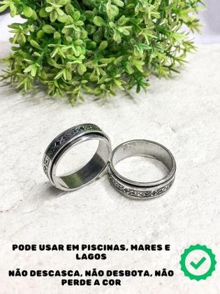 Imagem de Anel Dedeira 7Mm Masculino Prateado Preto Desenhos Runas