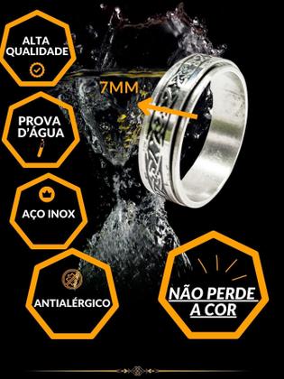 Imagem de Anel Dedeira 7Mm Masculino Prateado Preto Desenhos Runas
