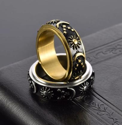 Imagem de Anel Em Aço Inox Sol E Lua Estilo Spinner (Dourado)