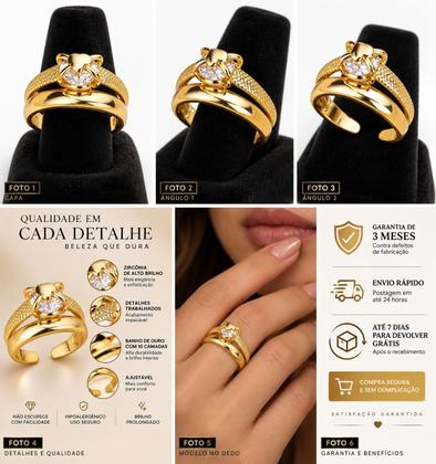 Imagem de Anel Feminino Ajustável Pedra Brilhante Banhado a Ouro 18k
