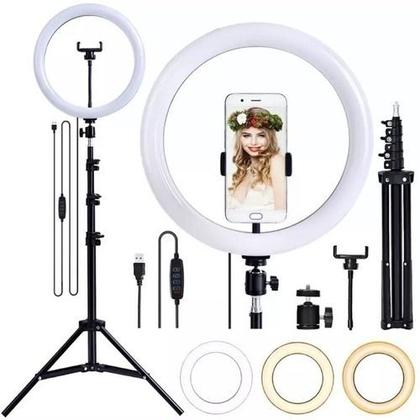 Imagem de anel iluminador Ring light luz fotos celular c/ suporte mesa tripé 10 Polegadas 26cm 2,10m