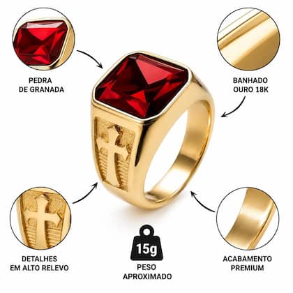 Imagem de Anel Masculino Com Pedra Vermelha Rubi Banhado Ouro 18k Detalhe Cruz Católico Fé Cristão Religioso Signete Dedadeira Robusto Anatômico Semijoia