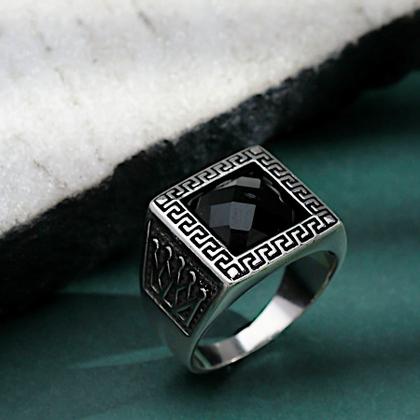 Imagem de Anel Masculino Comendador Prata Pura Trabalhado Pedra Onix
