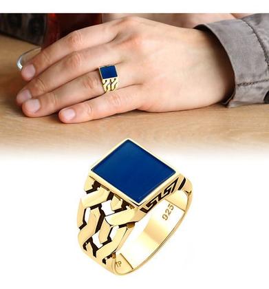 Imagem de Anel Masculino Elos Prata 925 Dourada 18k - Ágata Azul