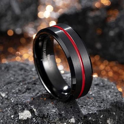 Imagem de Anel Masculino Preto Vermelho Anatômico Fosco Chanfrado