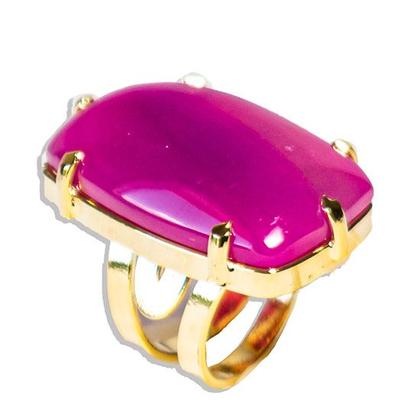 Imagem de Anel Pedra Agata Rosa Natural Retangular Dourado Ajustavel