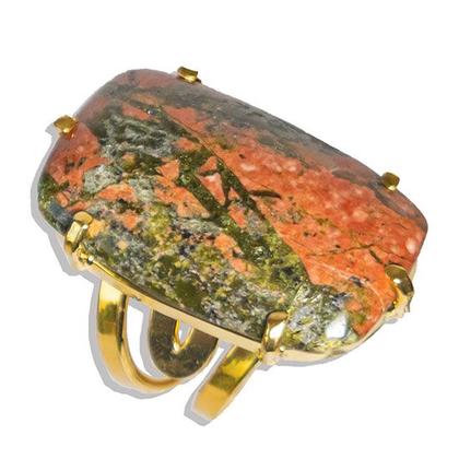 Imagem de Anel Pedra Unakita Retangular Natural Dourado Aro Ajustavel