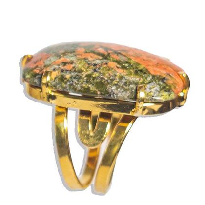 Imagem de Anel Pedra Unakita Retangular Natural Dourado Aro Ajustavel