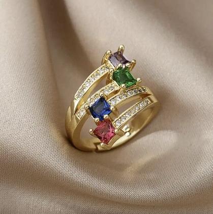 Imagem de Anel pedras coloridas ajustável feminino banhado a ouro 18k