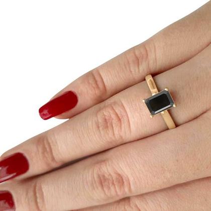 Imagem de Anel Solitário Retangular Prata 925 Dourada 18k - Black Ônix
