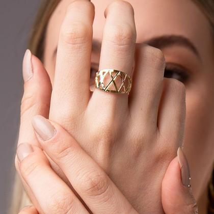 Imagem de Anel Três Cores Design Em X Folheado a Ouro 18k