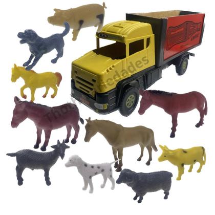 Imagem de Animais da Fazenda Caminhão Brinquedo Kit 10 Bichos com Carreta Infantil Carro Menino