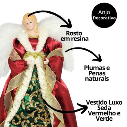 Imagem de Anjo Decorativo Natal Ponteira Árvore Seda Luxo Vermelho e Verde 30cm - Noel Decor