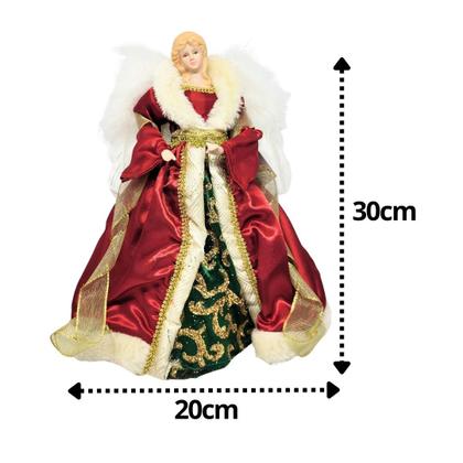 Imagem de Anjo Decorativo Natal Ponteira Árvore Seda Luxo Vermelho e Verde 30cm - Noel Decor