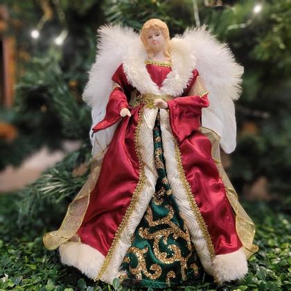Imagem de Anjo Decorativo Natal Ponteira Árvore Seda Luxo Vermelho e Verde 30cm - Noel Decor