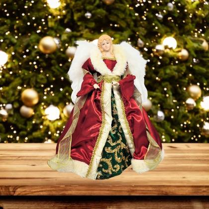 Imagem de Anjo Decorativo Natal Ponteira Árvore Seda Luxo Vermelho e Verde 30cm - Noel Decor