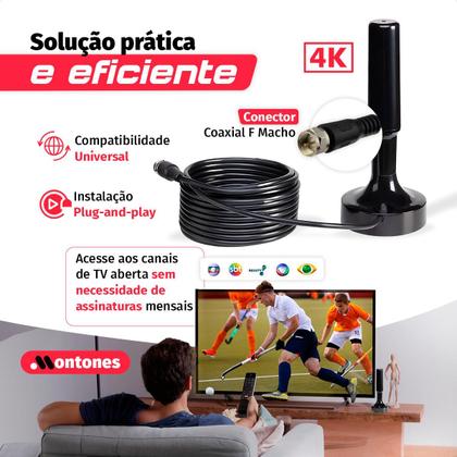 Imagem de Antena Digital 4k Smart Tv Full Hd Amplificada Interna E Externa Cabo 5 Metros Base Imã