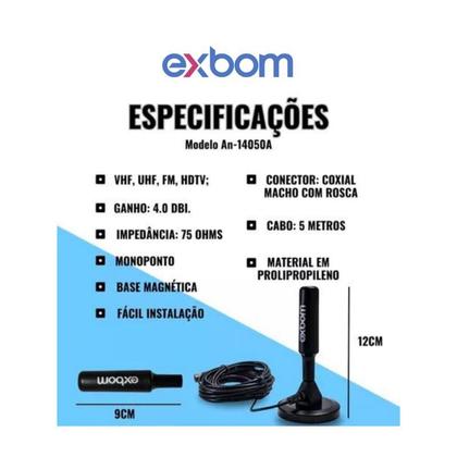 Imagem de Antena Digital HDTV TV Amplificada Interna,Externa 5m Base Imã Prova dágua 4DBI,UHF,VHF Exbom