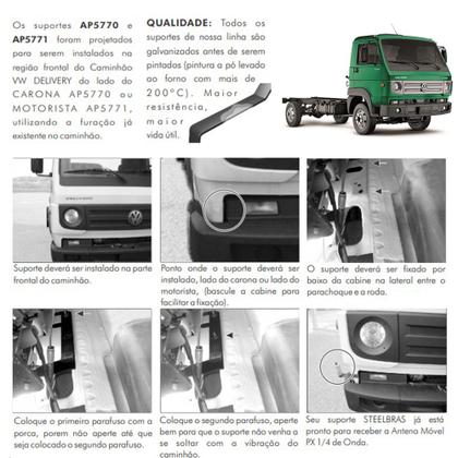 Imagem de Antena Móvel Px Inox 2,70 metros Suporte Dianteiro Lado Motorista Volkswagen Delivery Parafusos Anti-Furto 
