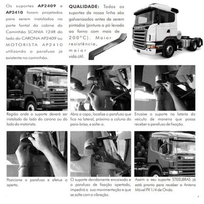 Imagem de Antena Móvel Px Inox Mini Maria Mole 1,40 metros Suporte Dianteiro Frontal Lado Carona Scania 124 124r 420 360 Parafusos Anti-Furto