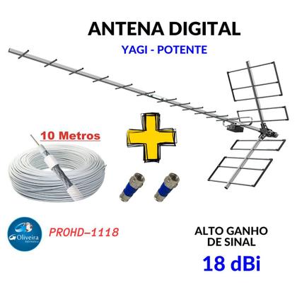 Imagem de Antena tv Digital Externa 4K Yagi Proeletronic PROHD 1118 Longo Alcance, Alta Ganho e Potencia 18 dBi com 10 metros cabo coaxial Crimpado