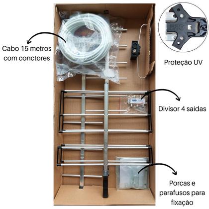 Imagem de Antena Tv Para Zona Rural Máximo Alcance + 15 Metros Cabo + Divisor 4 Saídas