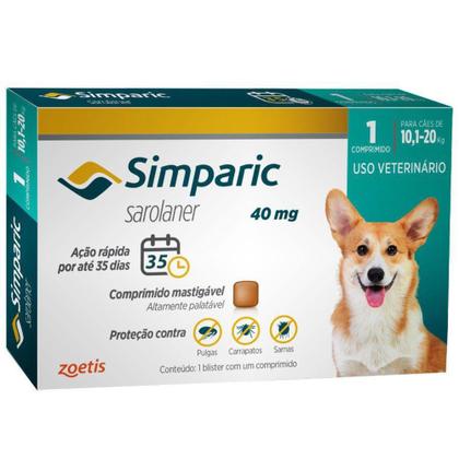 Imagem de Antipulgas Zoetis Simparic 40 Mg Para Cães 10,1 A 20 Kg