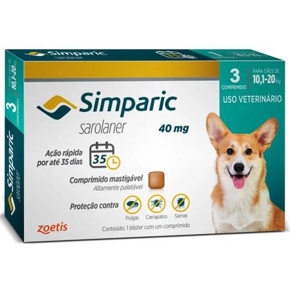 Imagem de Antipulgas Zoetis Simparic 40mg para Cães 10,1 a 20 Kg - 3 Comprimidos