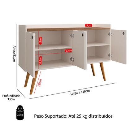 Imagem de Aparador Buffet Dallas Pés Palito Retrô 4 Portas Decoração Sala Jantar Cantinho Café - Off White/Freijó - RPM Móveis