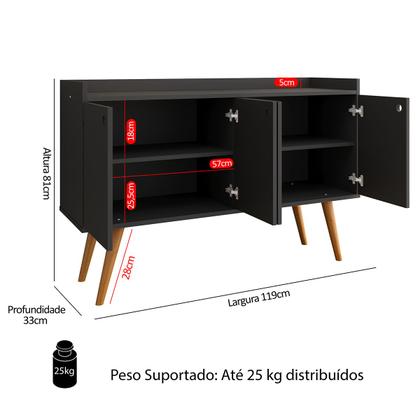Imagem de Aparador Buffet Dallas Pés Palito Retrô 4 Portas Decoração Sala Jantar Cantinho Café - Preto - RPM Móveis