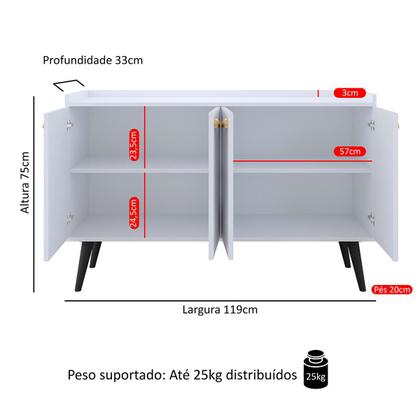 Imagem de Aparador Buffet Kiev Cantinho Café 4 Portas Puxador Concha Prateleira Interna Pés Retrô - Branco